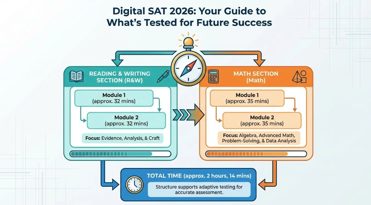 Digital SAT format showing Reading & Writing and Math sections for SAT prep.
