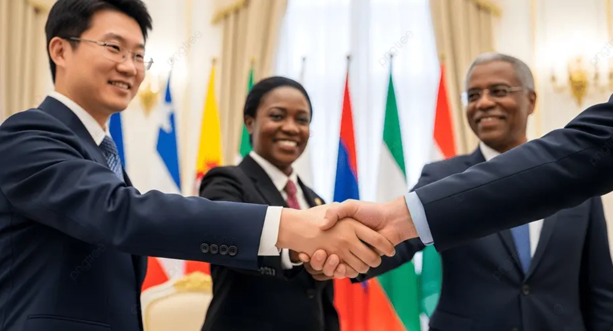 International delegates discussing AI cooperation and Global South development