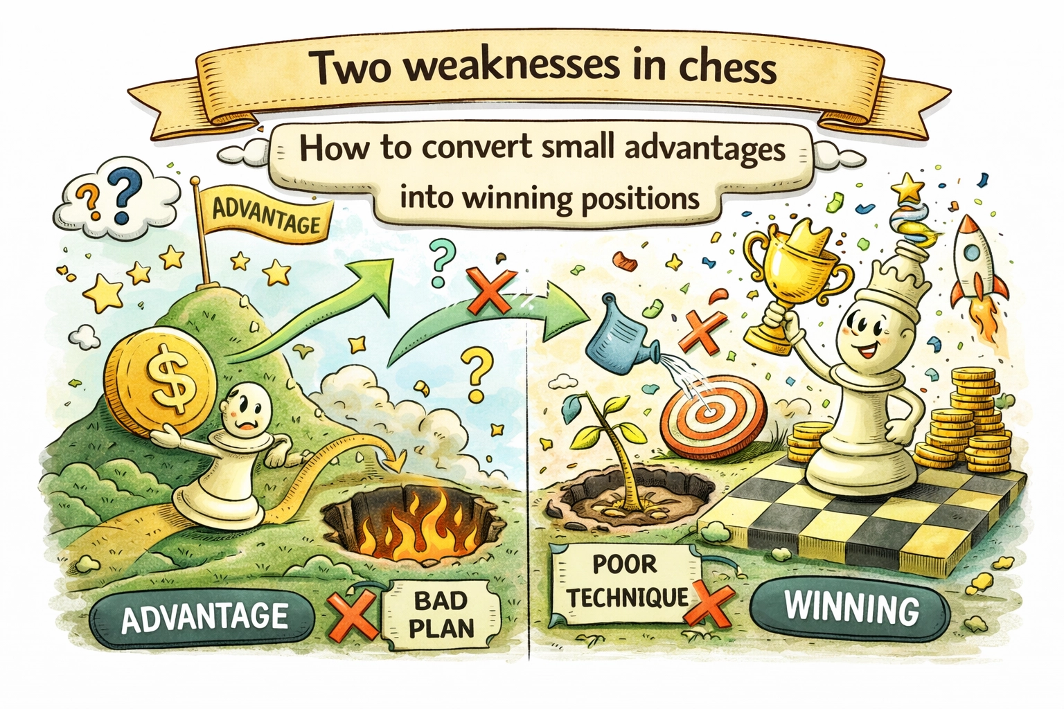 Two weaknesses in chess: how to convert small advantages into winning positions