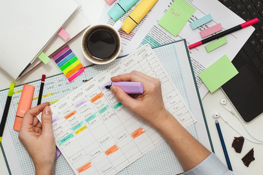 Weekly SAT prep study schedule with planner and study materials.